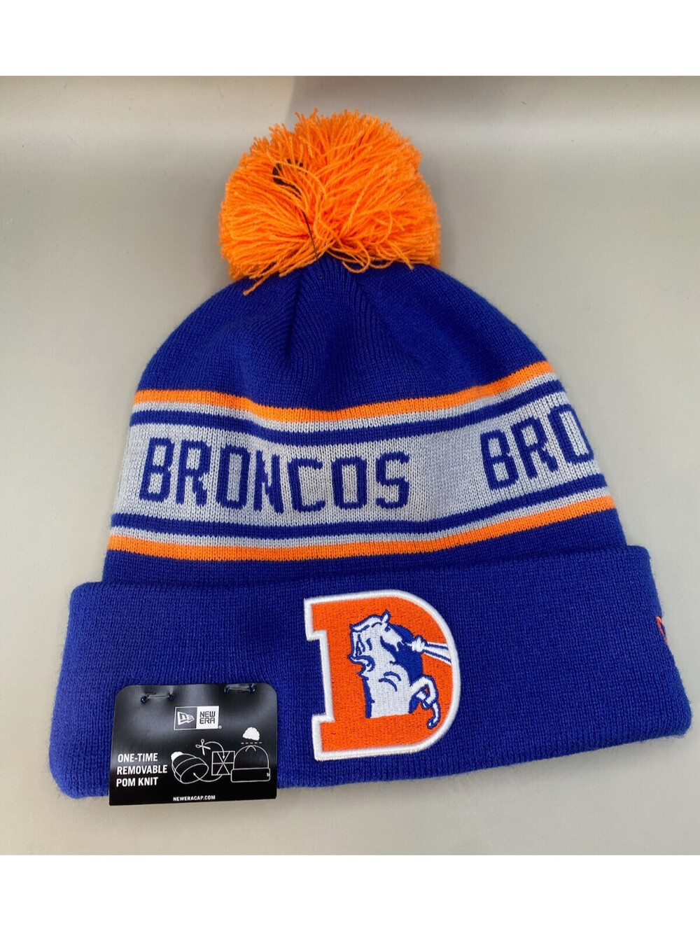 NFL Denver Broncos New Era Blue with Grey & Orange Pom Fleece Lined Knit Beanie